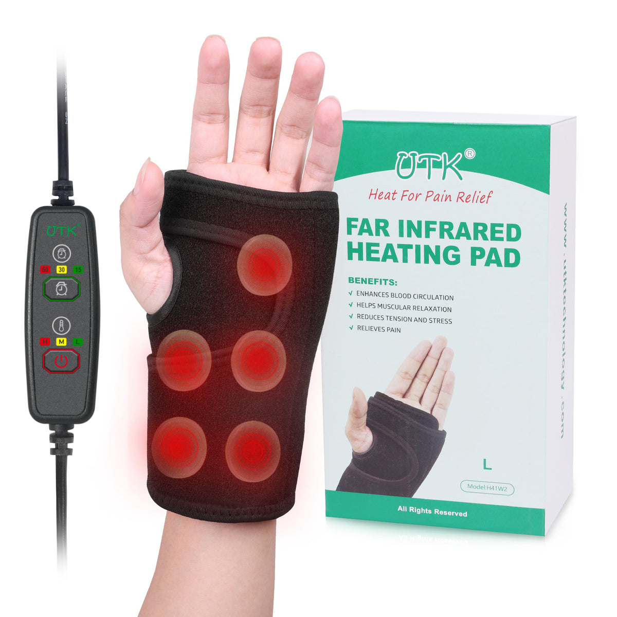 UTK Tech Jade Stone enhanced red light wrist heating pad (Right Hand) — side view