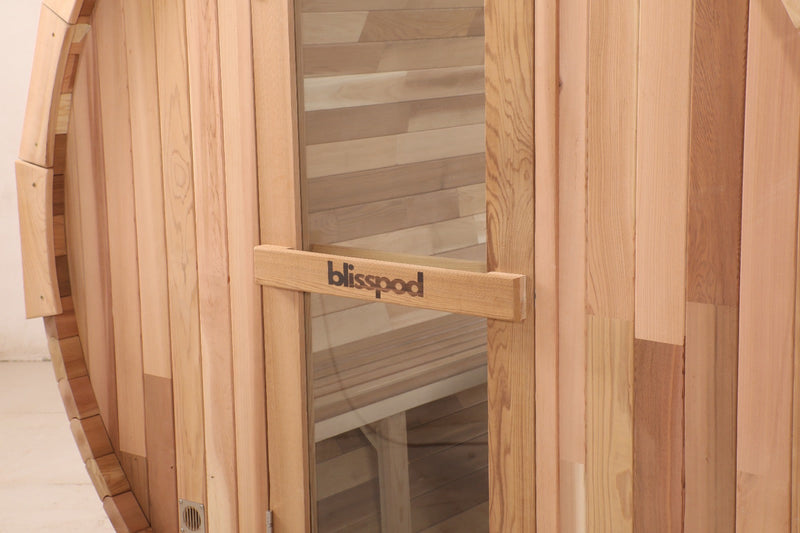 Blisspod, Prague, Canadian Red Cedar Outdoor Steam Barell Sauna, 2-4 / 4-6 persons with Full Glass Back & 2 front Porch seats — product image