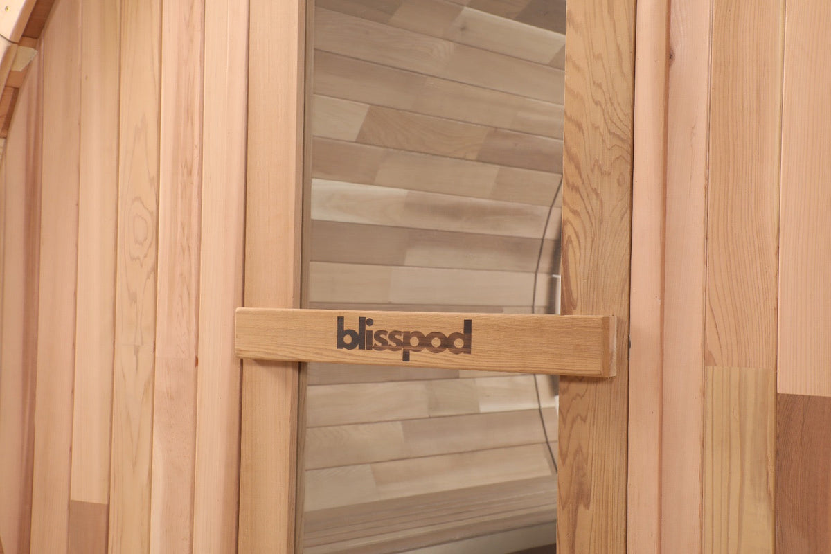 Blisspod, Prague, Canadian Red Cedar Outdoor Steam Barell Sauna, 2-4 / 4-6 persons with Full Glass Back & 2 front Porch seats — product image