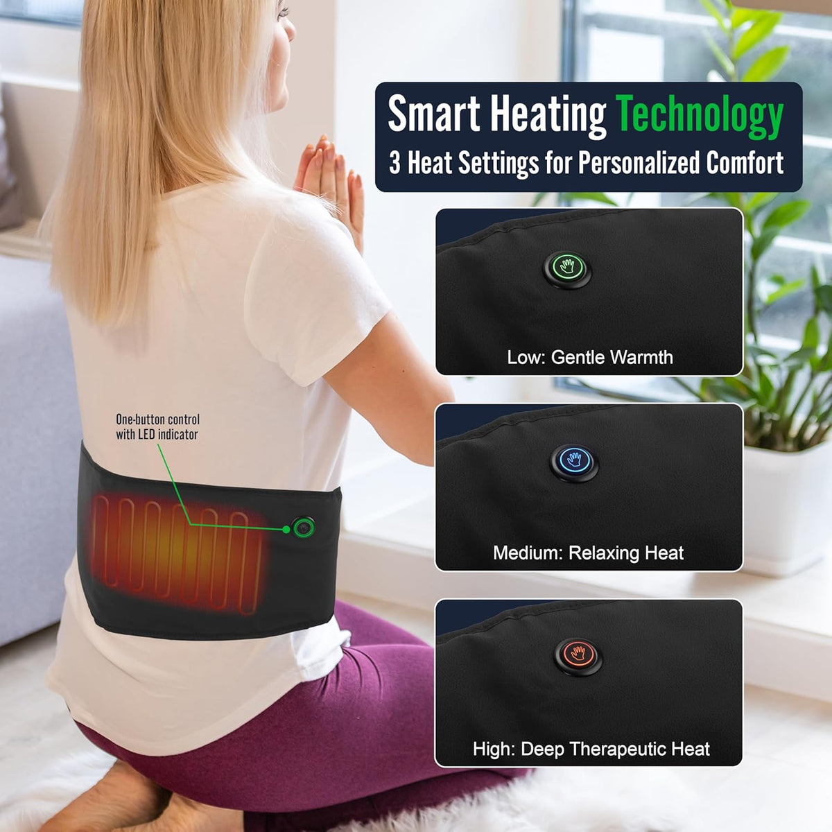 Durasage Cordless Heating Pad for Back Pain Relief – Portable Infrared Waist Belt with 3 Adjustable Heat Settings, Wearable Wrap for Lower Back - Comfort & Lightweight – Black — detail view