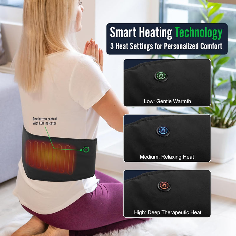 Durasage Cordless Heating Pad for Back Pain Relief – Portable Infrared Waist Belt with 3 Adjustable Heat Settings, Wearable Wrap for Lower Back - Comfort & Lightweight – Black — detail view