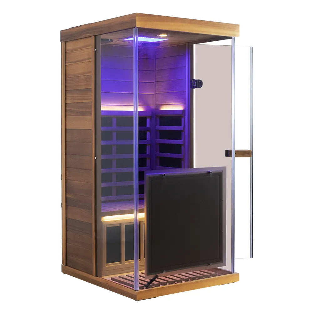Wizzisaunas 909MX Full Spectrum Infrared Sauna 1 Person - HEMLOCK WOOD FINISH — product setup view