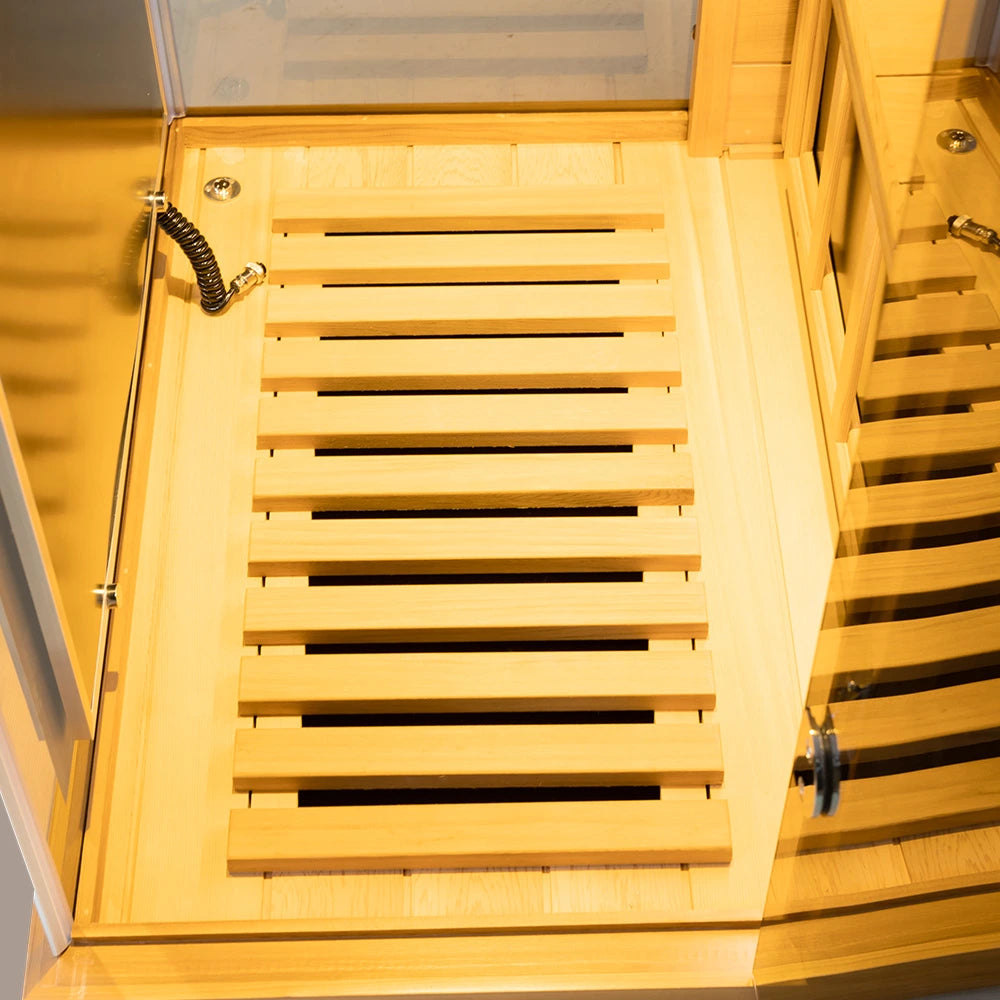 Wizzisaunas 909MX Full Spectrum Infrared Sauna 1 Person - HEMLOCK WOOD FINISH — lifestyle view