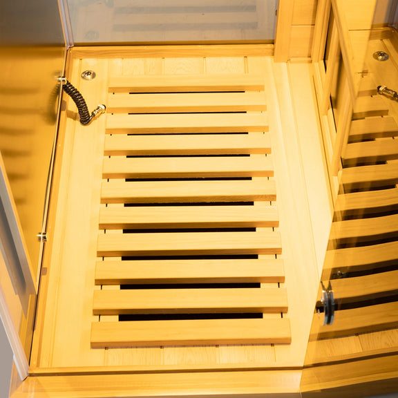 Wizzisaunas 909MX Full Spectrum Infrared Sauna 1 Person - HEMLOCK WOOD FINISH — lifestyle view