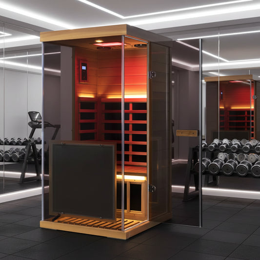 Wizzisaunas 909MX Full Spectrum Infrared Sauna 1 Person - HEMLOCK WOOD FINISH | product photo | Legacy & Longevity Co.