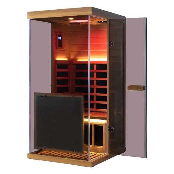 Wizzisaunas 909MX Full Spectrum Infrared Sauna 1 Person - HEMLOCK WOOD FINISH — front view