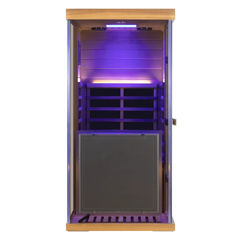 Wizzisaunas 909MX Full Spectrum Infrared Sauna 1 Person - HEMLOCK WOOD FINISH — detail view