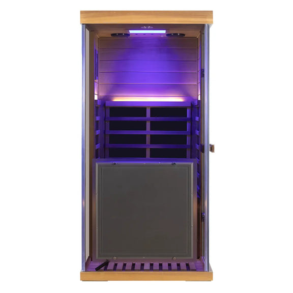 Wizzisaunas 909MX Full Spectrum Infrared Sauna 1 Person - HEMLOCK WOOD FINISH — detail view
