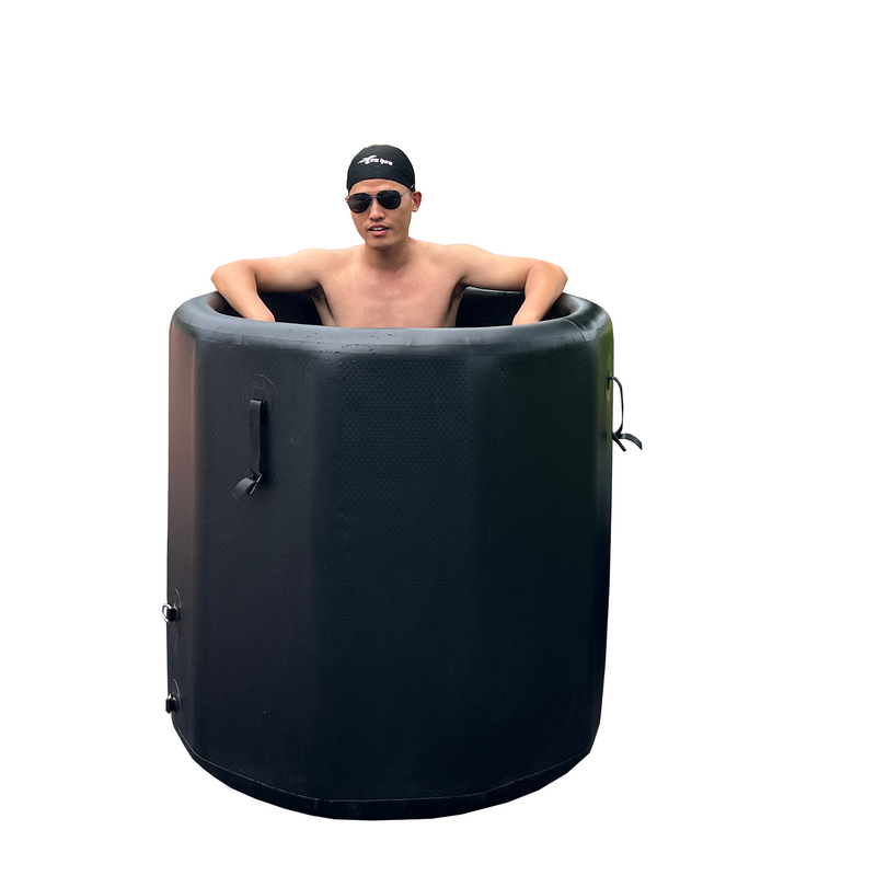Round Black Cold Pod Inflatable Cold Plunge Barrel Ice Bath Tub Hot Tub Recovery Pod — side view