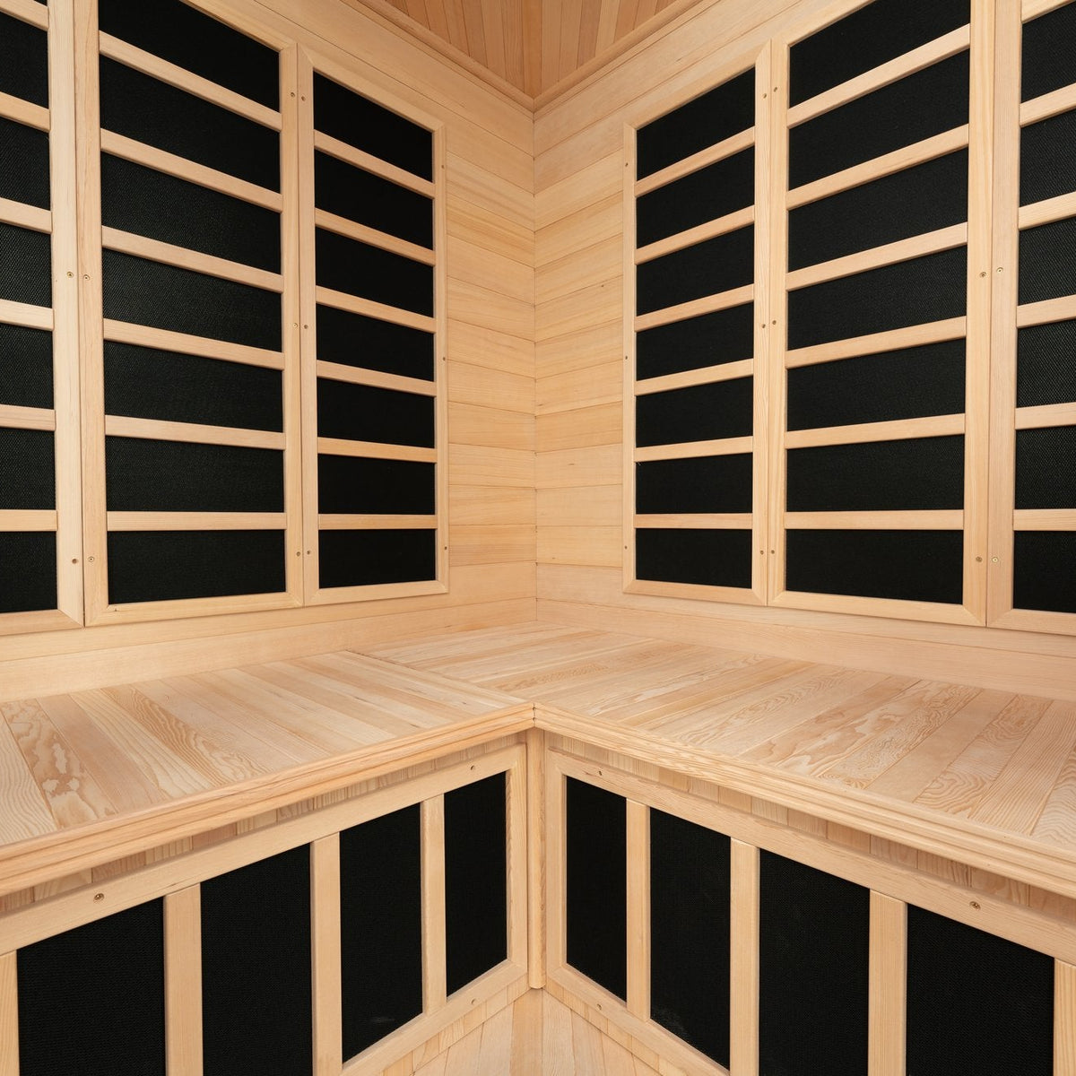 Blisspod, Vienna, Corner Spacious Far Infrared Sauna Canadian Hemlock Ultra Low EMF, 12 Heaters, 4-5 Persons — lifestyle view