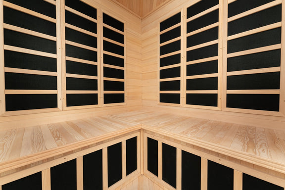 Blisspod, Vienna, Corner Spacious Far Infrared Sauna Canadian Hemlock Ultra Low EMF, 12 Heaters, 4-5 Persons — lifestyle view