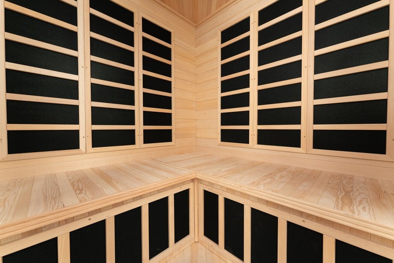Blisspod, Vienna, Corner Spacious Far Infrared Sauna Canadian Hemlock Ultra Low EMF, 12 Heaters, 4-5 Persons — lifestyle view