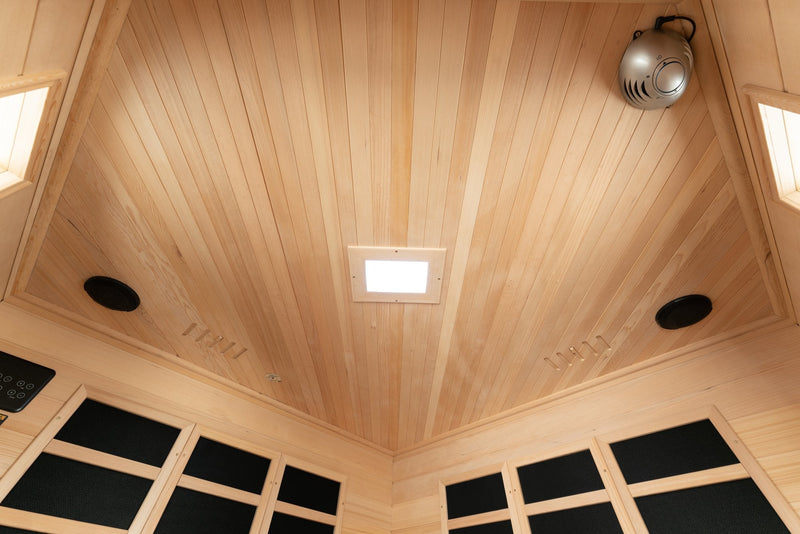 Blisspod, Vienna, Corner Spacious Far Infrared Sauna Canadian Hemlock Ultra Low EMF, 12 Heaters, 4-5 Persons — product setup view