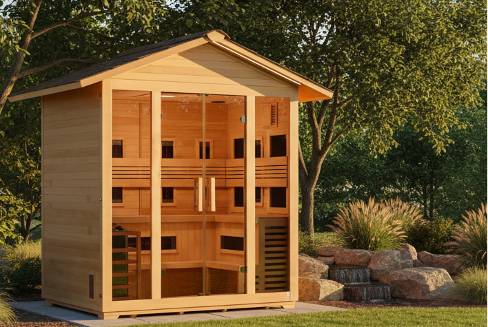 Golden Designs "Gargellen" 5 Person Hybrid (PureTech™ Full Spectrum IR or Traditional Stove) Outdoor Sauna  *SHIPS FREE*