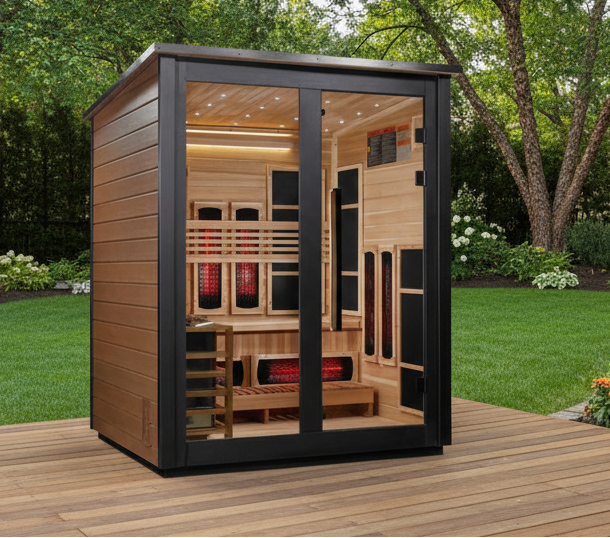 ***New 2026 Model*** Golden Designs "Loviisa" 3 Person, 2 Tone Barn Hybrid (PureTech™ Full Spectrum IR or Traditional Stove) Outdoor Sauna *SHIPS FREE*