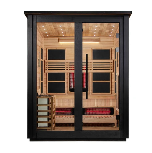 ***New 2026 Model*** Golden Designs "Loviisa" 3 Person, 2 Tone Barn Hybrid (PureTech™ Full Spectrum IR or Traditional Stove) Outdoor Sauna *SHIPS FREE*