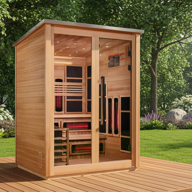 ***New 2026 Model*** Golden Designs "Kaskinen" 6 Person, Pacific Cedar Barn Hybrid (PureTech™ Full Spectrum IR or Traditional Stove) Outdoor Sauna *SHIPS FREE*