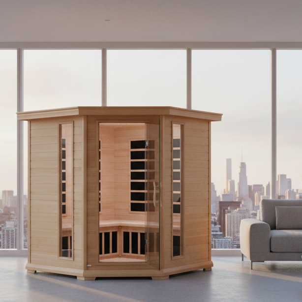 Blisspod, Vienna, Corner Spacious Far Infrared Sauna Canadian Hemlock Ultra Low | product photo | Legacy & Longevity Co.