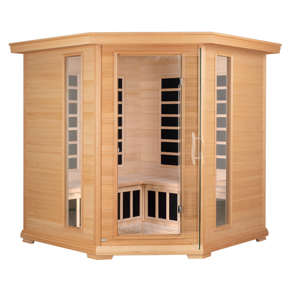 Blisspod, Vienna, Corner Spacious Far Infrared Sauna Canadian Hemlock Ultra Low EMF, 12 Heaters, 4-5 Persons — front view