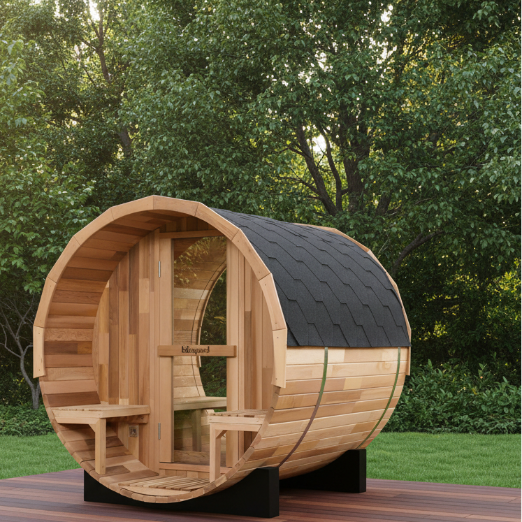Blisspod, Prague, Canadian Red Cedar Outdoor Steam Barell Sauna, 2-4 / 4-6 | product photo 4 | Legacy & Longevity Co.