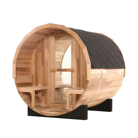 Blisspod, Prague, Canadian Red Cedar Outdoor Steam Barell Sauna, 2-4 / 4-6 persons with Full Glass Back & 2 front Porch seats — lifestyle view