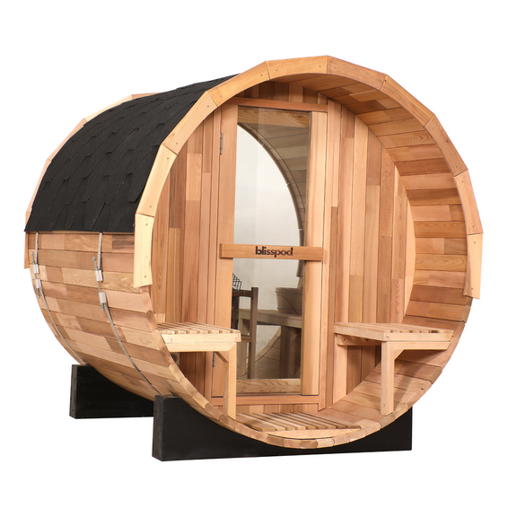 Blisspod, Prague, Canadian Red Cedar Outdoor Steam Barell Sauna, 2-4 / 4-6 persons with Full Glass Back & 2 front Porch seats — product image