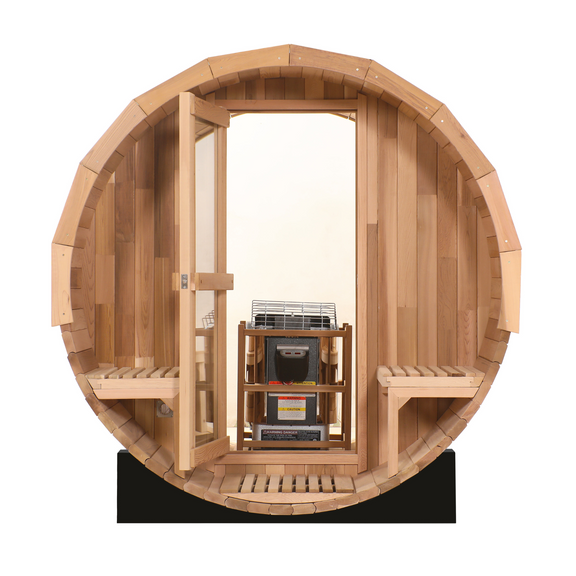 Blisspod, Prague, Canadian Red Cedar Outdoor Steam Barell Sauna, 2-4 / 4-6 persons with Full Glass Back & 2 front Porch seats — detail view