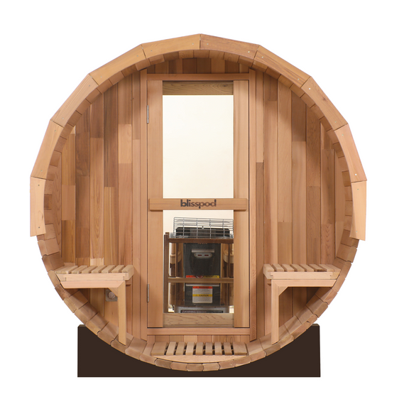 Blisspod, Prague, Canadian Red Cedar Outdoor Steam Barell Sauna, 2-4 / 4-6 persons with Full Glass Back & 2 front Porch seats — front view