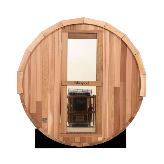 Blisspod Prague Canadian Red Cedar Outdoor Steam Barell Sauna — front view