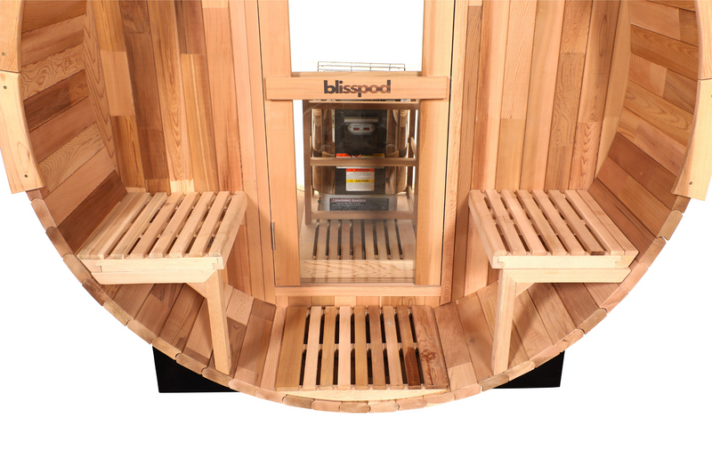 Blisspod, Prague, Canadian Red Cedar Outdoor Steam Barell Sauna, 2-4 / 4-6 persons with Full Glass Back & 2 front Porch seats — product image