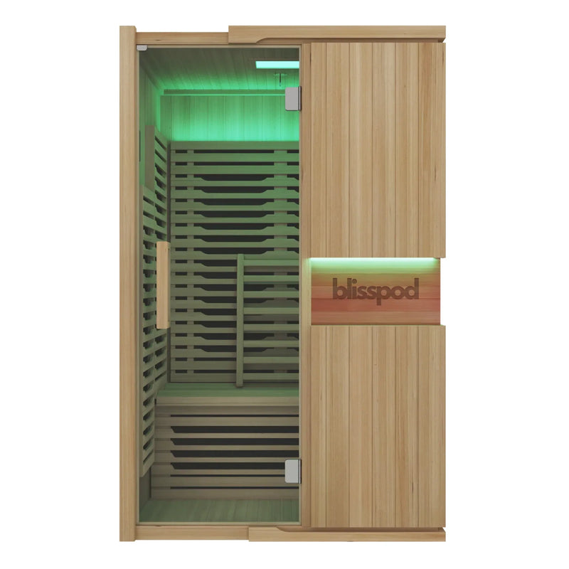 Blisspod | Milano | Full Spectrum Sauna Canadian Hemlock Ultra Low EMF | 6 Far Infrared & Red Glass Heater & Chromotherapy | 2 Person — side view