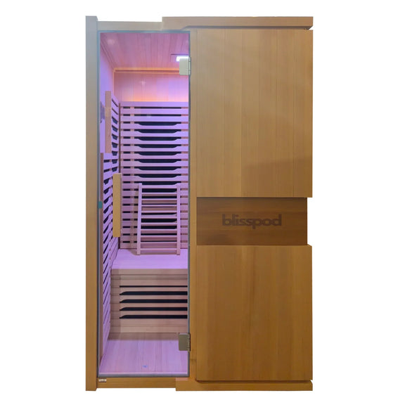 Blisspod | Milano | Full Spectrum Sauna Canadian Hemlock Ultra Low EMF | 6 Far Infrared & Red Glass Heater & Chromotherapy | 2 Person — lifestyle view