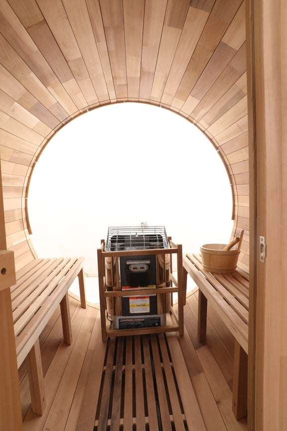 Blisspod, Prague, Canadian Red Cedar Outdoor Steam Barell Sauna, 2-4 / 4-6 persons with Full Glass Back & 2 front Porch seats — side view