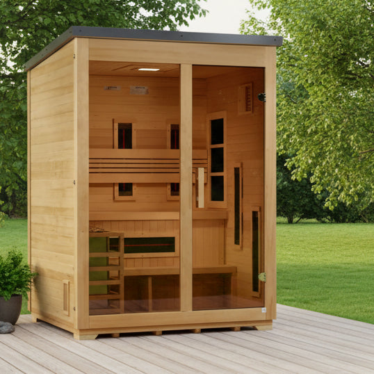 ***New 2026 Model*** Golden Designs "Carinthia" 3 Person Hybrid (PureTech™ Full Spectrum IR or Traditional Stove) Flat Roof Outdoor Sauna *SHIPS FREE*