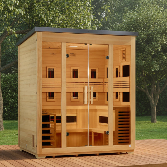 ***New 2026 Model*** Golden Designs "Gargellen" 5 Person Hybrid (PureTech™ Full Spectrum IR or Traditional Stove) Flat Roof Outdoor Sauna *SHIPS FREE*