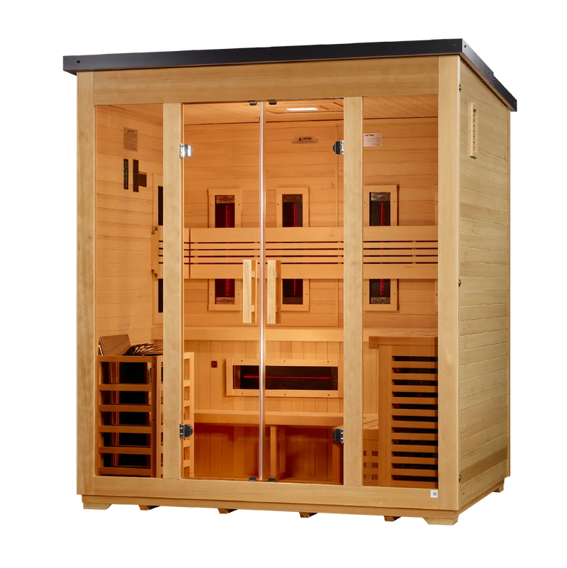 ***New 2026 Model*** Golden Designs "Gargellen" 5 Person Hybrid (PureTech™ Full Spectrum IR or Traditional Stove) Flat Roof Outdoor Sauna *SHIPS FREE*