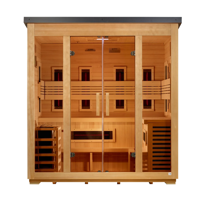 ***New 2026 Model*** Golden Designs "Gargellen" 5 Person Hybrid (PureTech™ Full Spectrum IR or Traditional Stove) Flat Roof Outdoor Sauna *SHIPS FREE*
