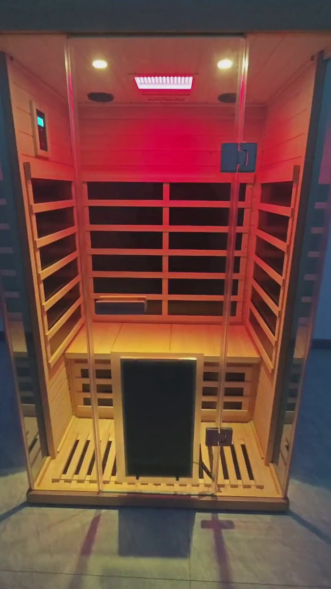 Wizzisaunas S02 2 Person Full Spectrum Infrared Sauna Low EMF HEMLOCK WOOD FINISH